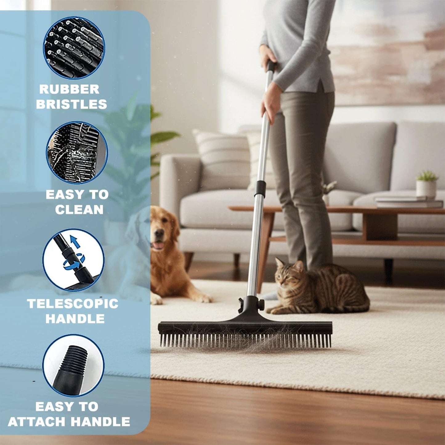 – 3 in 1 Pet Hair Removal Pro Life Carpet Rake with