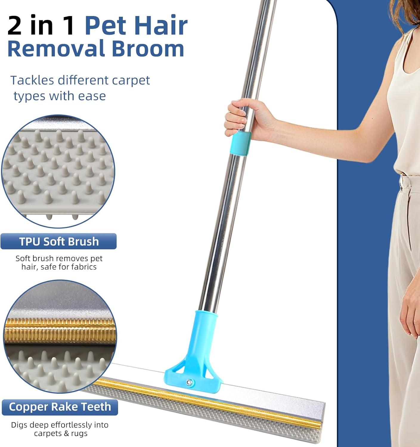 Carpet Rake for Pet Hair Removal - 54" Adjustable 2 in 1