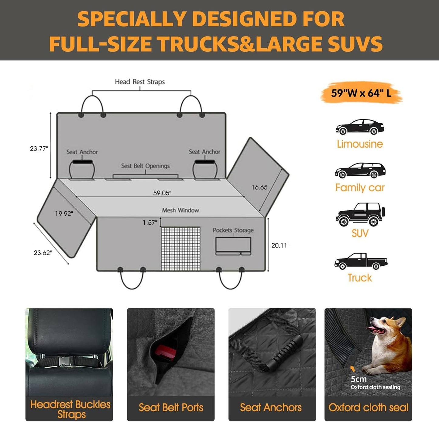 Dog Back Seat Covers for Trucks, with Big Mesh Window, XL