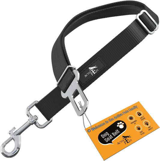 Black Car Seat Belt for Dogs, Attaches to Harness & Collar