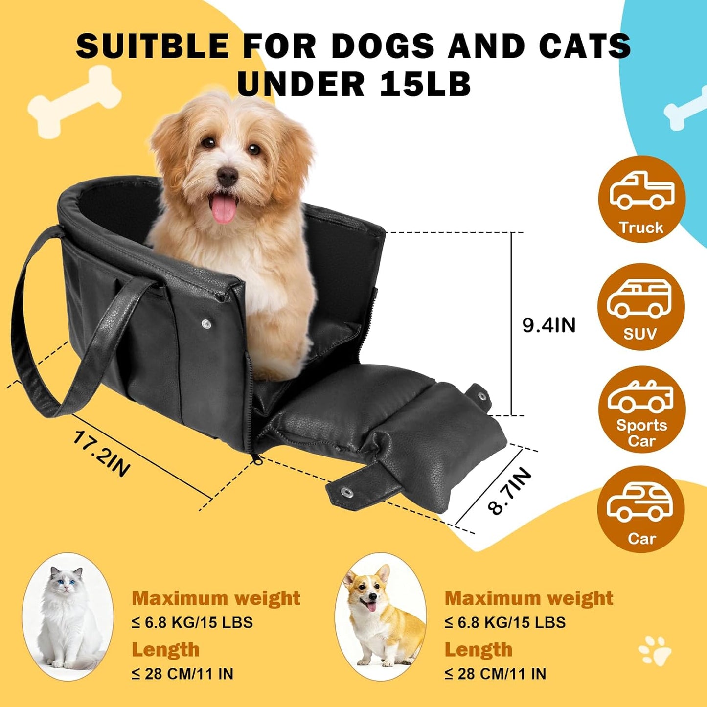 Portable Small Dog Seat for Car, Luxury Leather Center