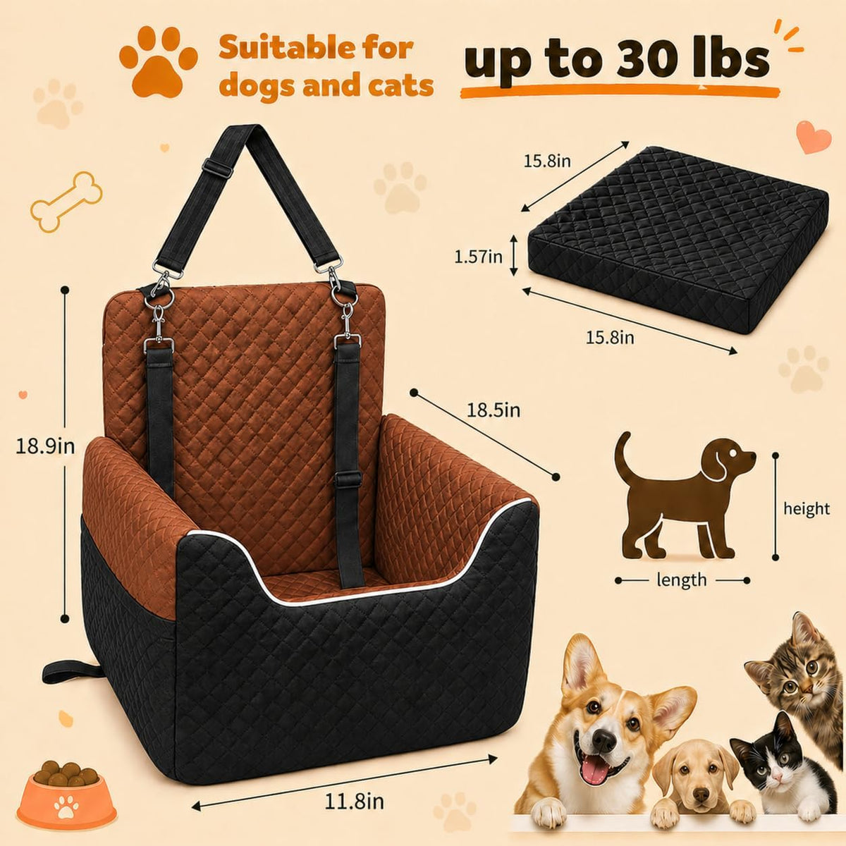 ALL GOOD PET SUPPLIES Dog Car Seat for Small/Medium Dogs Under 35lbs, Soft Booster Car Seat with Detachable Washable Cover and Cushion, Puppy Dog Car Bed, Black/Brown