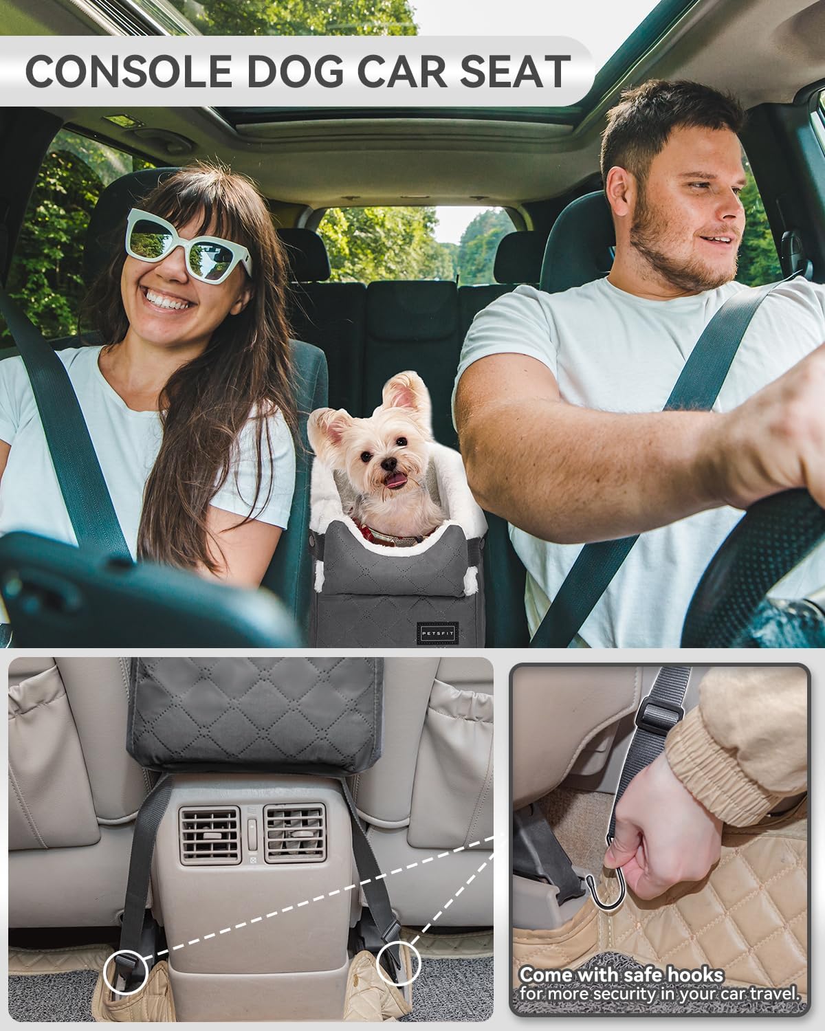 Center Console Dog Car Seat with Safe Protection Hooks, Pet