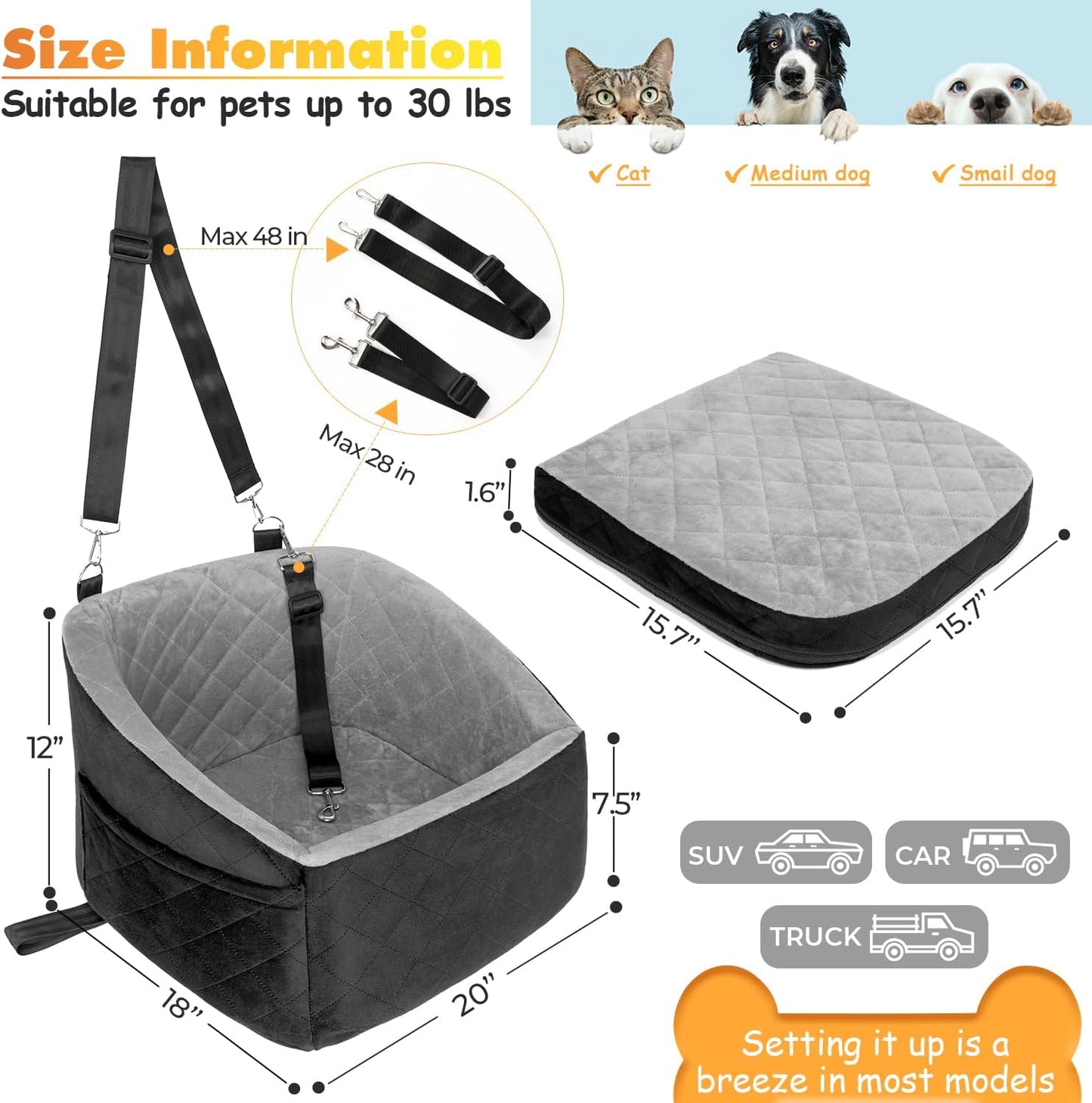 Dog Car Seat for Small Medium Dogs Under 30lbs Pet Booster