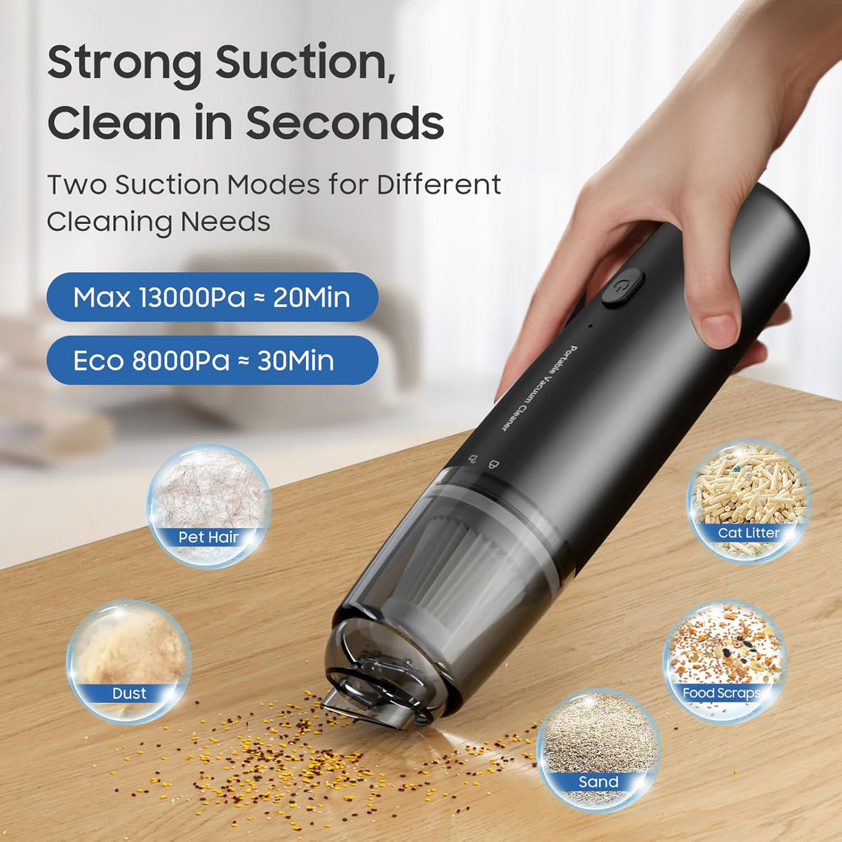 Handheld Vacuum Cordless, Car Vacuum Portable with 2 Suction Modes, Blow & Suction 2-in-1, Mini Vacuum Cleaner Rechargeable for Car, Home, Pet Hair, Office, Desk, Keyboards (Black)