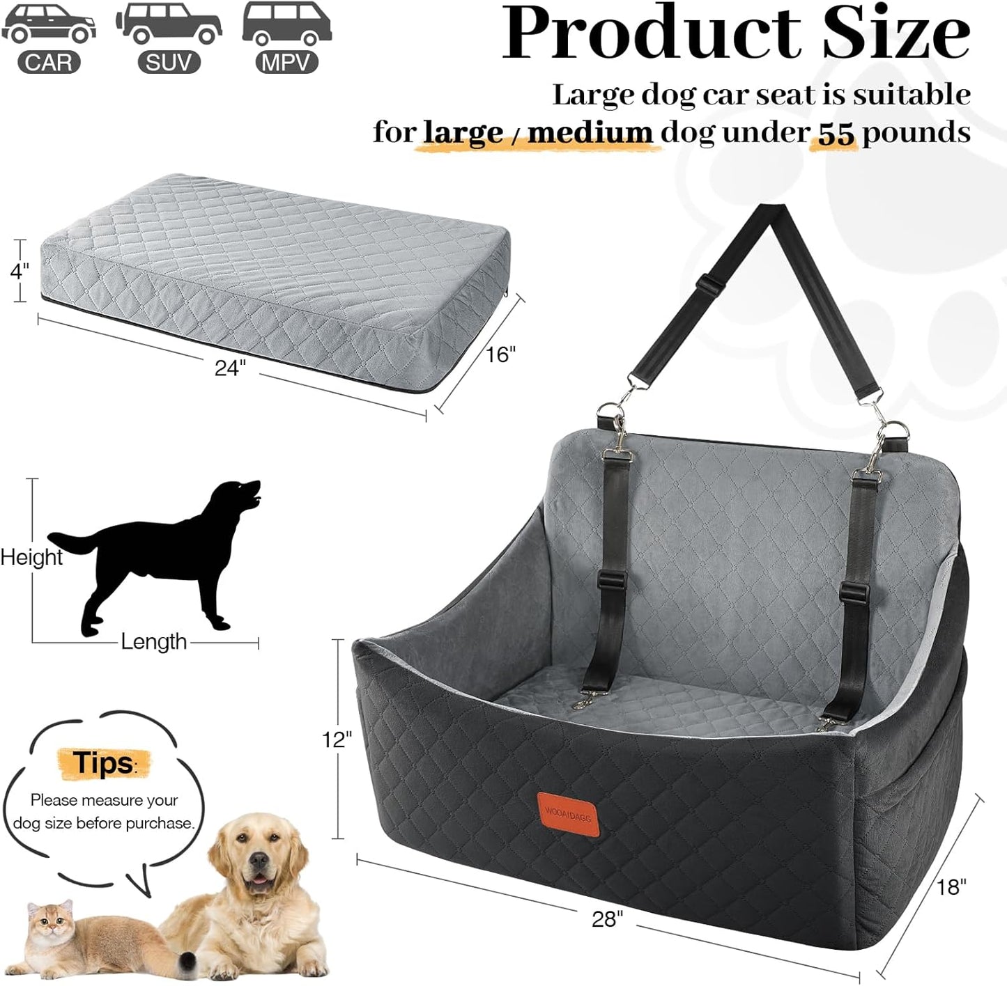 Dog Car Seat for Medium & Large Dogs Up to 55lbs, Memory