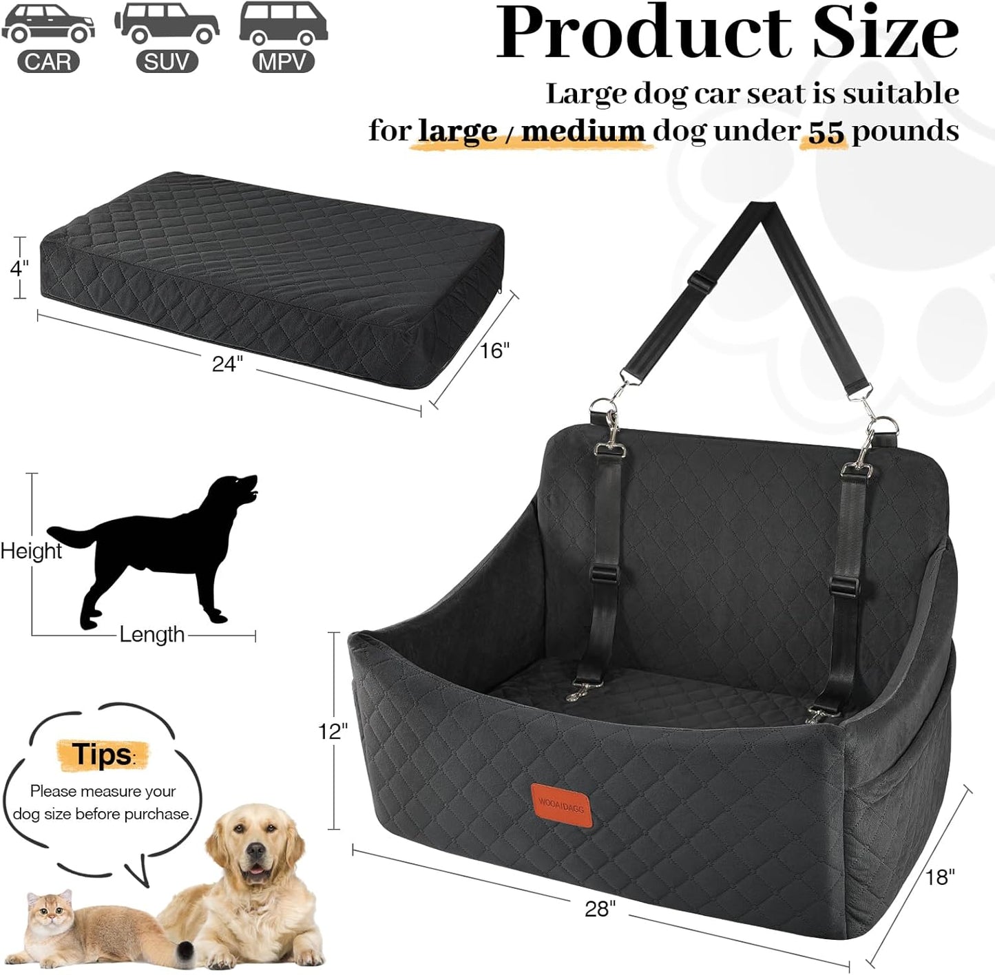 Dog Car Seat for Medium & Large Dogs Up to 55lbs, Memory