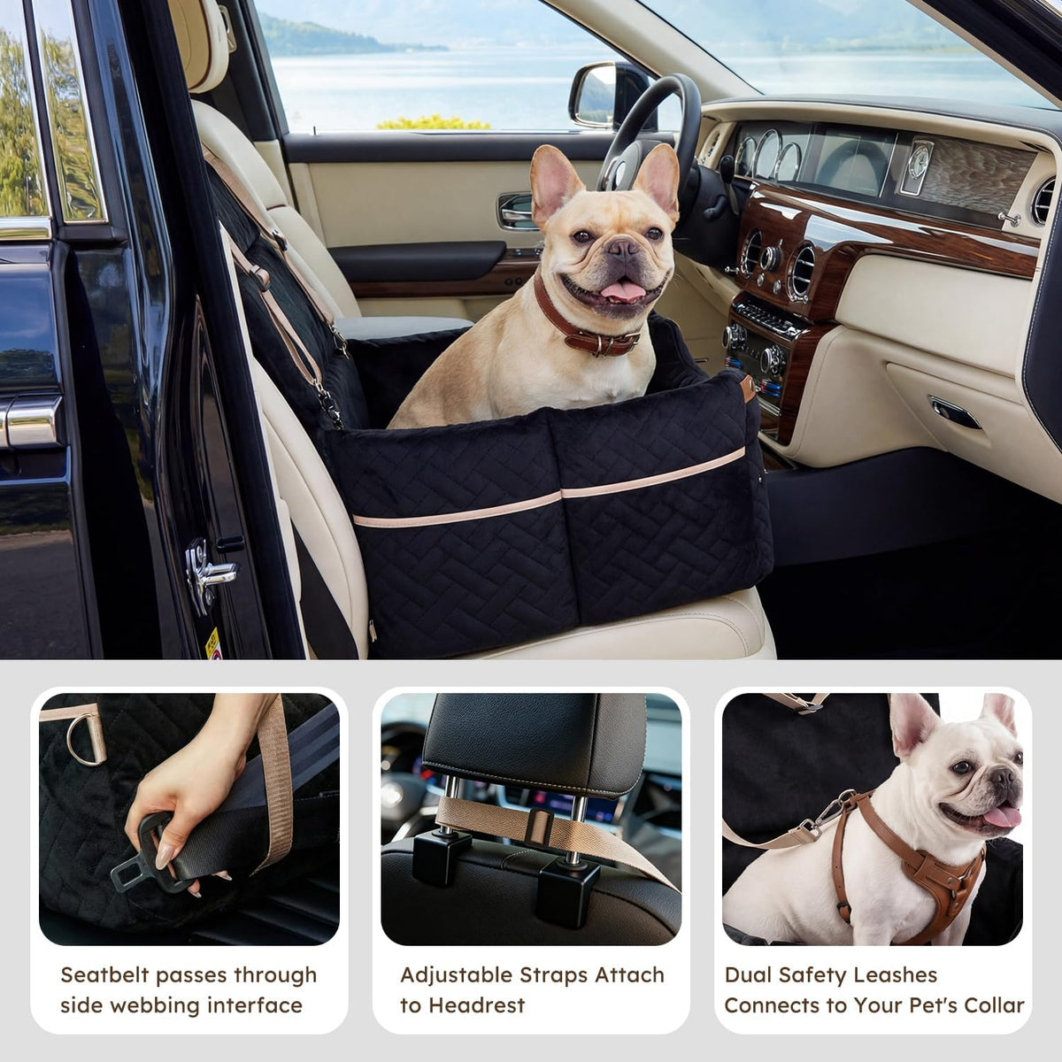ZOMISIA Elevated Dog Car Seat for Medium Dogs, 3 Adjustable Heights with 2 Egg Crate Foam Boosters 4"+2", Dual-Sided Cooling&Plush Waterproof Cover, 2 Safety Leashes & Buckles, Black
