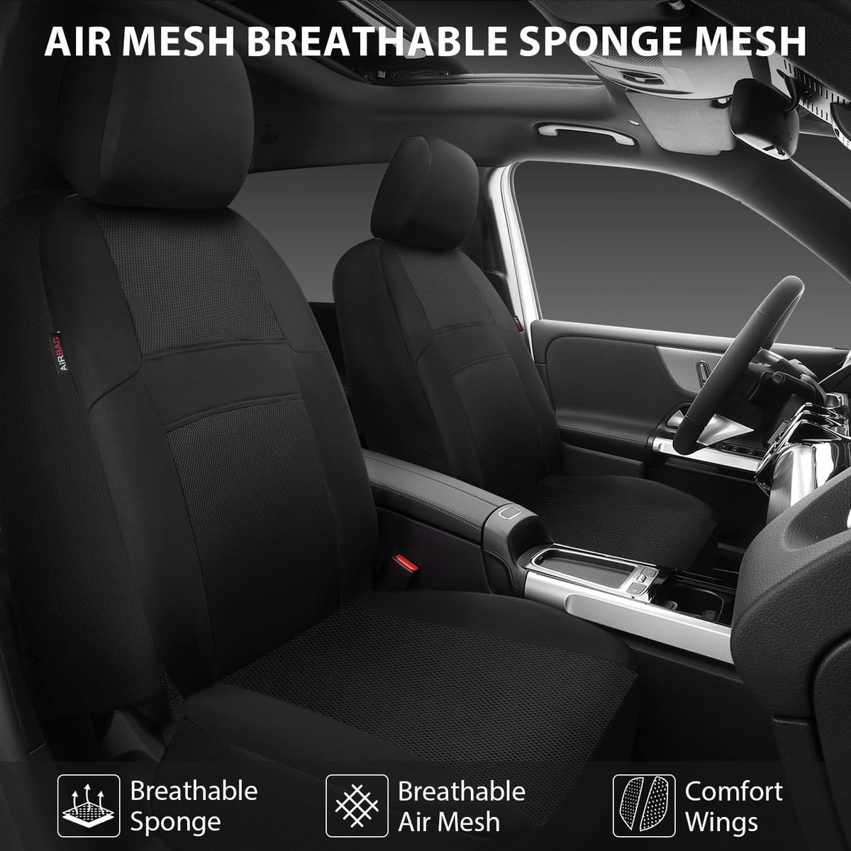 CAR PASS 3D Air Mesh Car Seat Covers Two Front Seats Only, Universal Seat Covers for Car Fit SUV,Vans,Sedan,Trucks, Breathable Automotive Interior Seat Covers Airbag Compatible (Black)