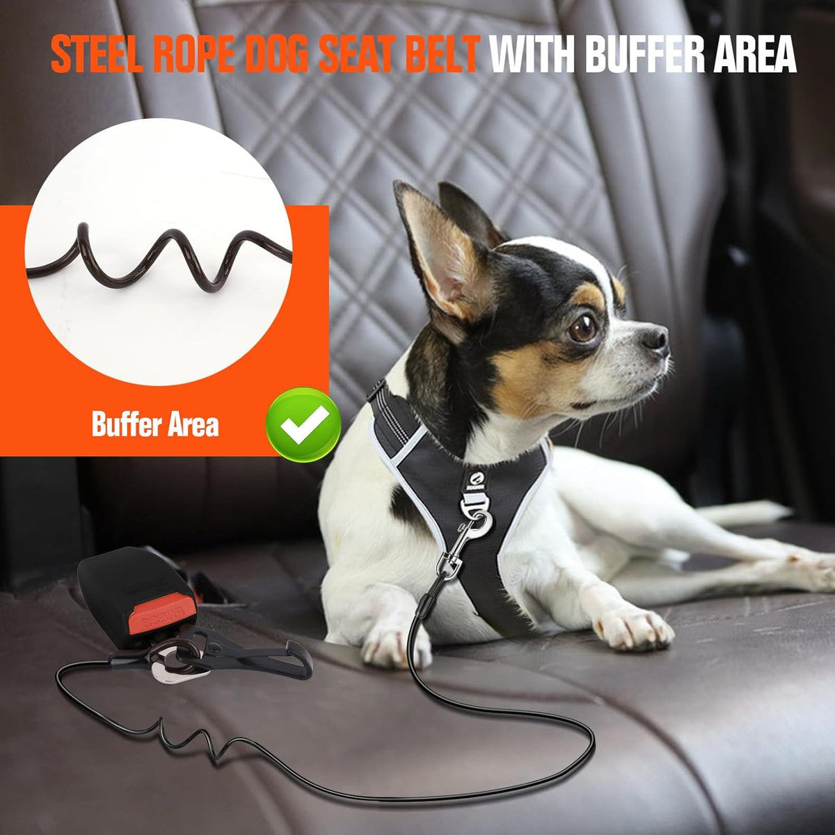 Seat Belt for Car, Chew Proof Leash 2 in 1 Steel Cable With