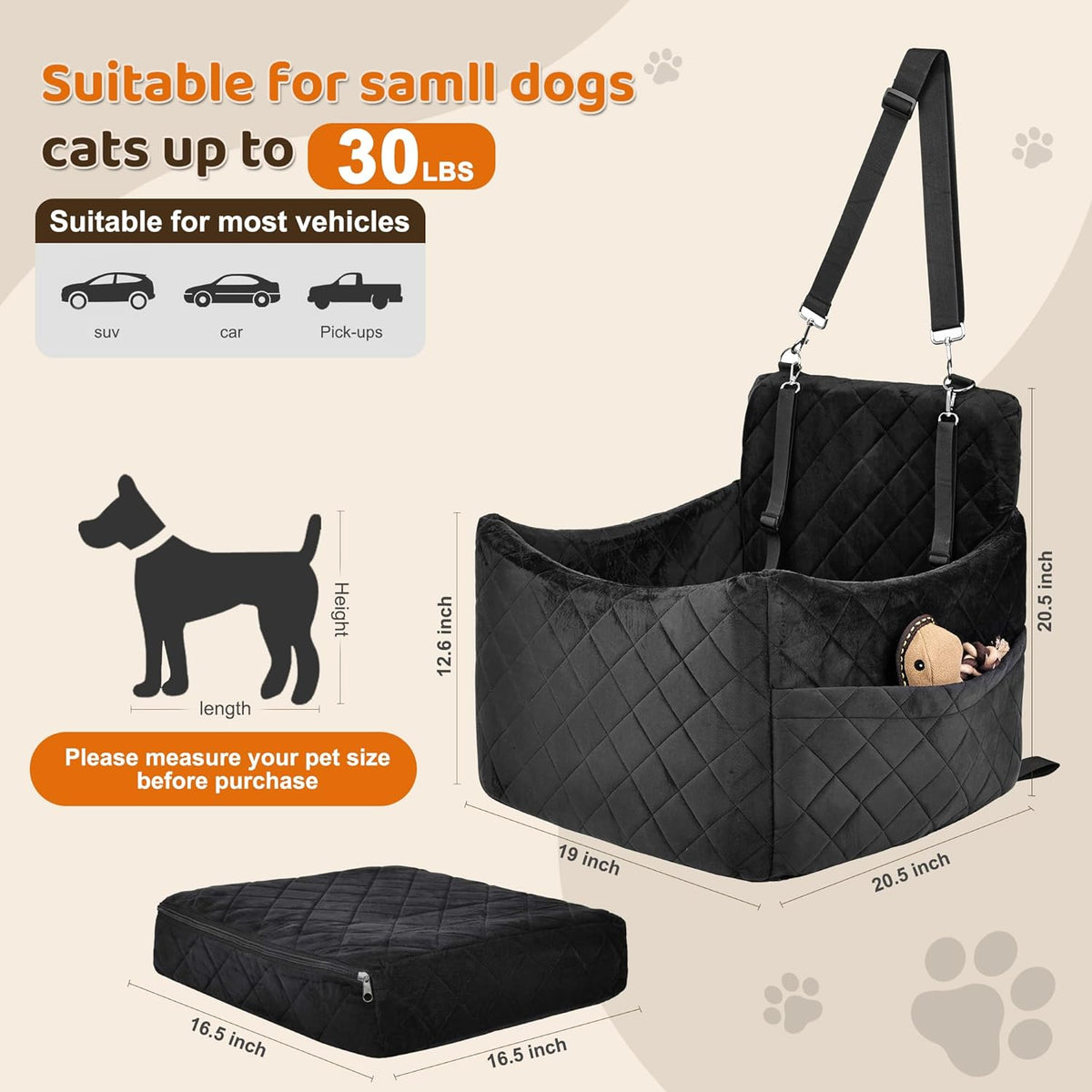 Dog Car Seat for S/M Dogs, Memory Foam Dog Booster Car Seat