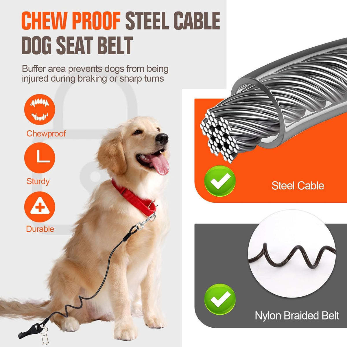 Seat Belt for Car, Chew Proof Leash 2 in 1 Steel Cable With