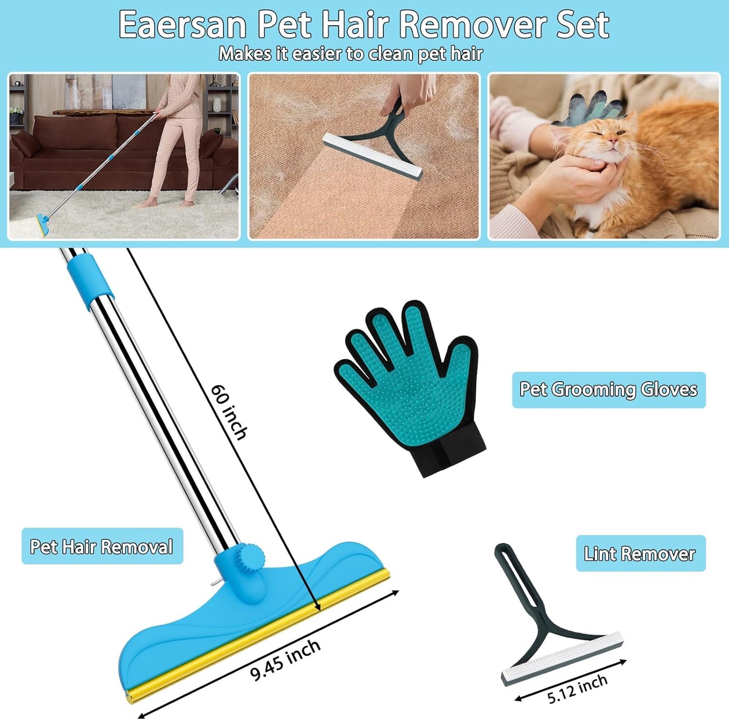 3 in 1 Carpet Rake for Pet Hair Removal, 60” Adjustable