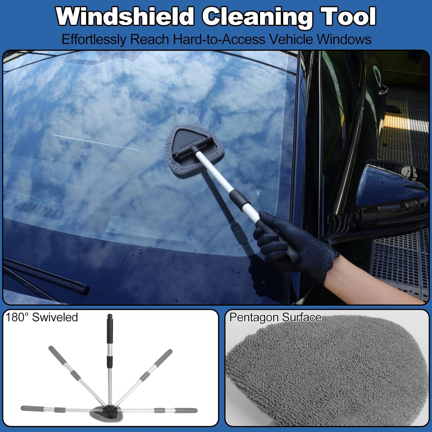 Windshield Cleaner Tool, 14Pcs Car Cleaning Kit - Car Interior Detailing Kit with Extendable Handle, Cleaning Gel & Microfiber Pads, All-in-One Inside Car Cleaning Supplies for Women Men