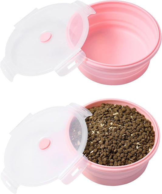 Joyinjojo Collapsible Dog Bowls with Lids, 2 Pack Portable Travel Dog Bowls for Small Medium Large Dogs, Silicone Foldable Outdoor Dog Cat Food Water Bowls for Camping Hiking Road Trip, Pink 17 oz