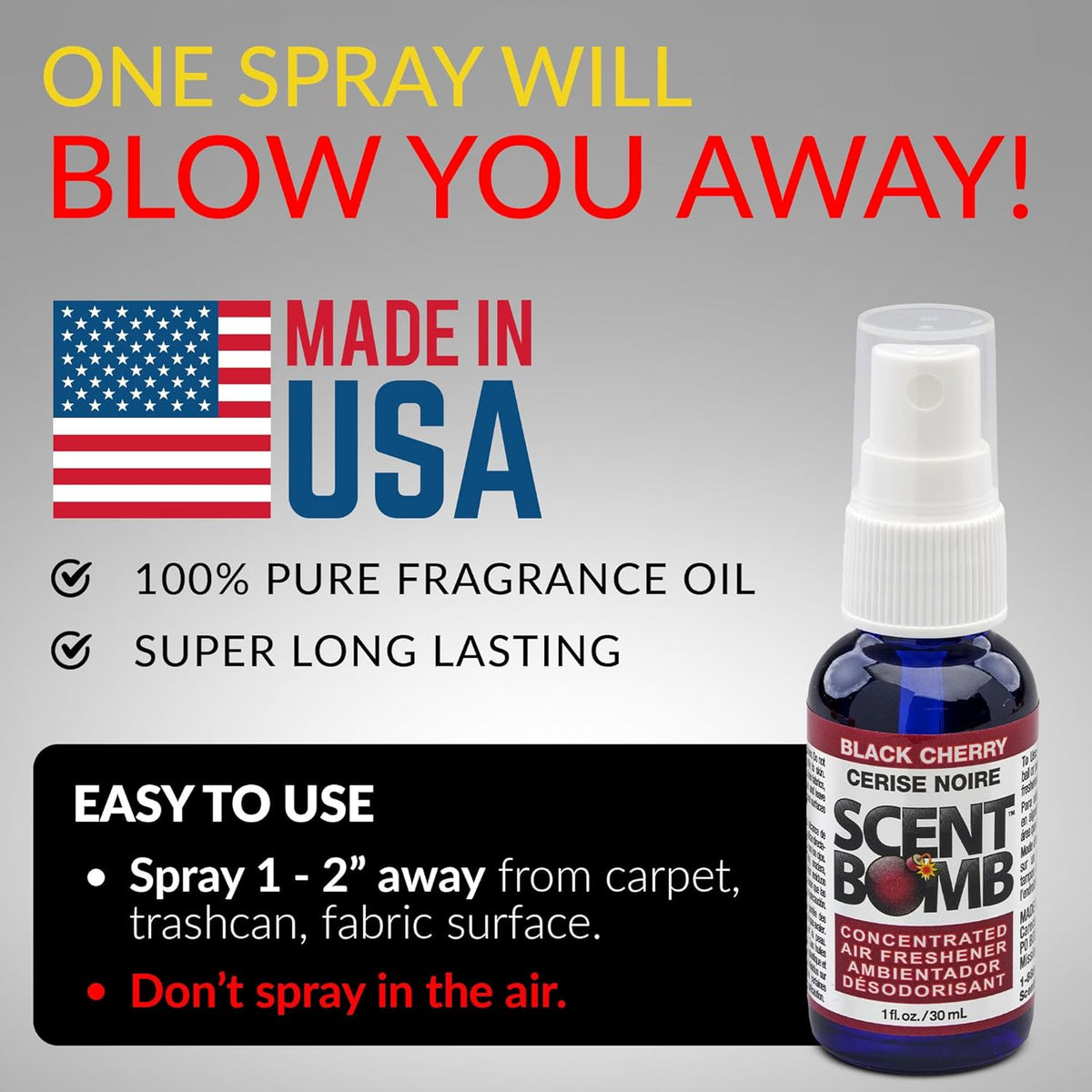 Scent Bomb Air Freshener Spray, Long-Lasting Odor Eliminator - Effective Deodorizer for Home & Car, Fresh Room Spray for Kitchen, Bathroom & Smell Neutralizer - 1 oz Pack of 4, Black Cherry Scent