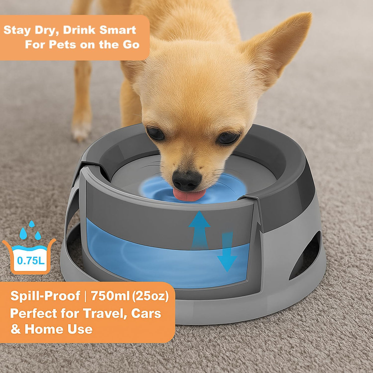 25oz Spill-Proof Dog Water Bowl – Slow Drink, No-Splash Pet Feeder for Small/Medium Dogs, Cats, Puppies & Kittens, Non-Slip Portable Bowl for Car, Travel, Home – Grey