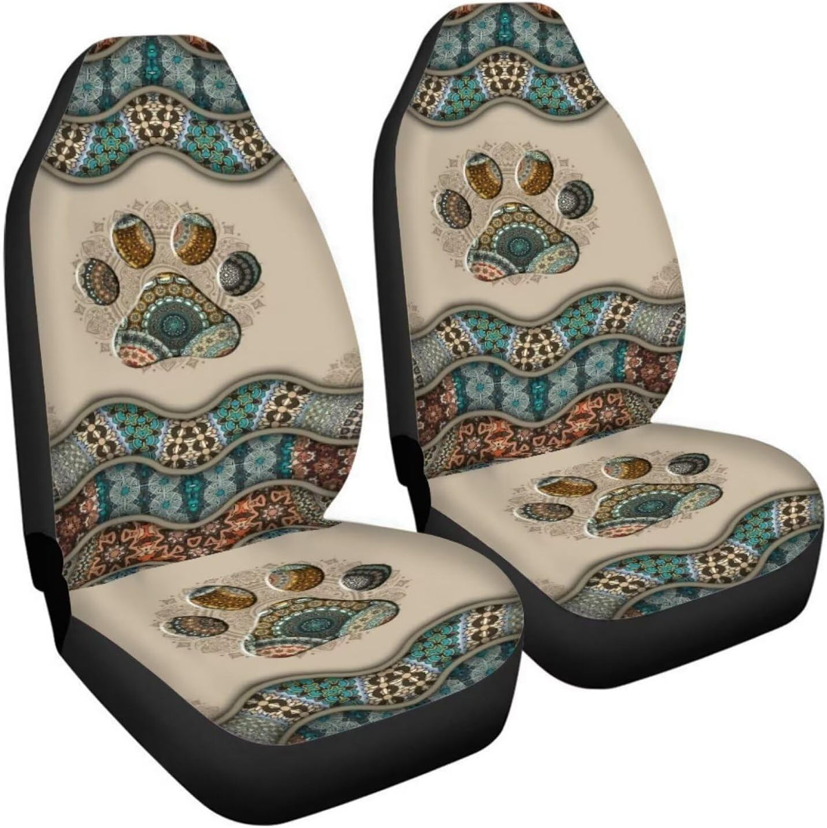 BIGCARJOB Boho Car Seat Covers Set for Front Only Boho Dog Paw Print Car Interior Accessories Cute Seat Protector for Cars Saddle Blanket,Fit Most Vehicle,Cars,Sedan