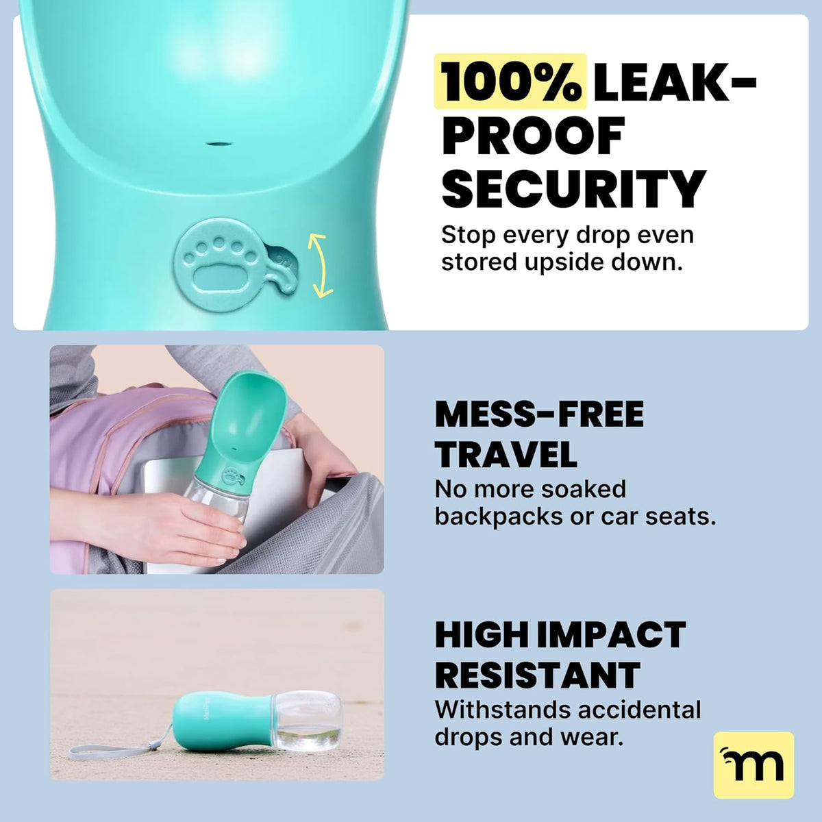 MalsiPree Dog Water Bottle Dispenser - 12 oz Blue - Leak-Proof Lock & One-Hand Operation - Dog Water Bowl Dispenser - Pet Travel Bottle with Built-in Bowl for Trail Hiking, Park Visit & Beach Days
