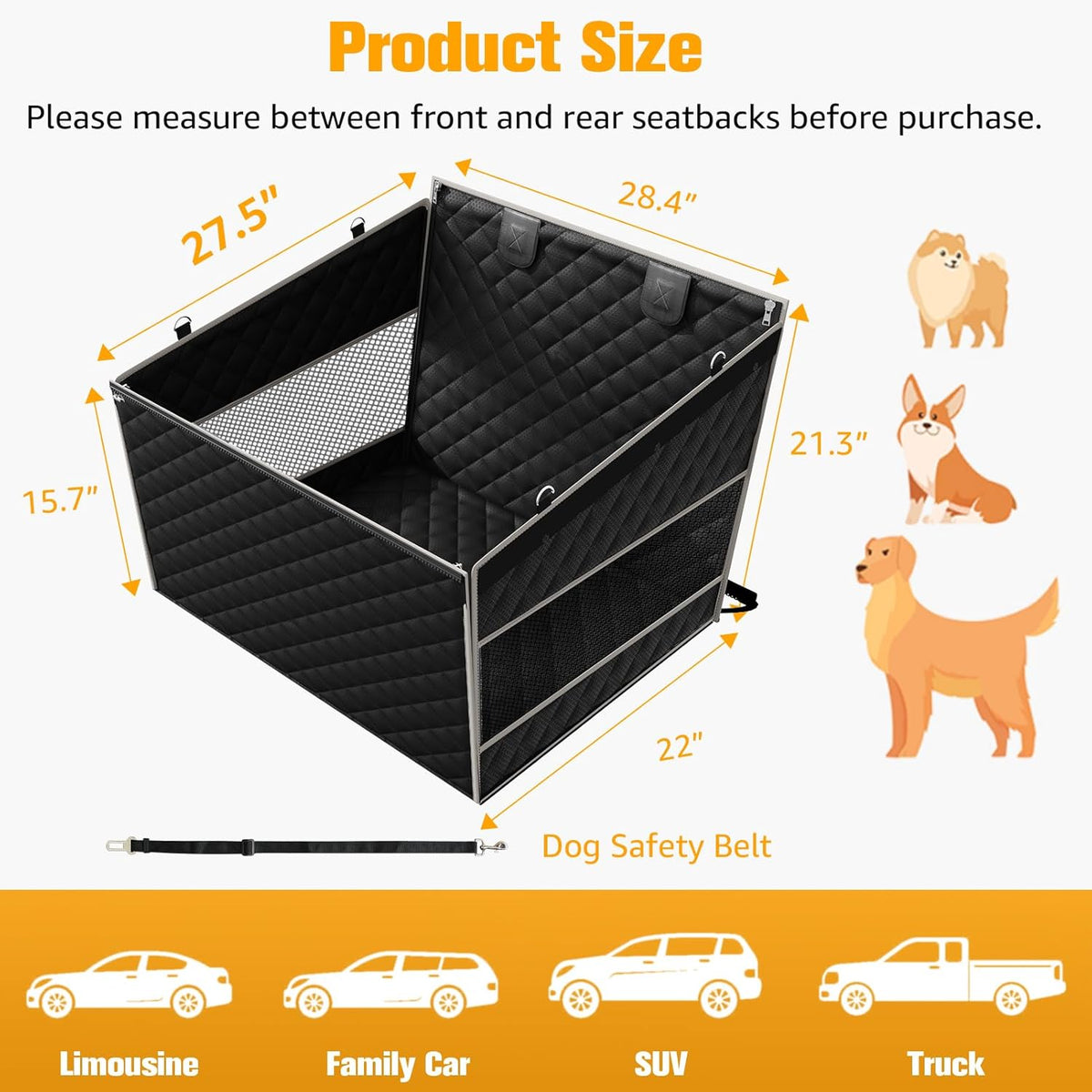 Dog Car Seat for Large Medium Dogs, One-Piece Hard Bottom
