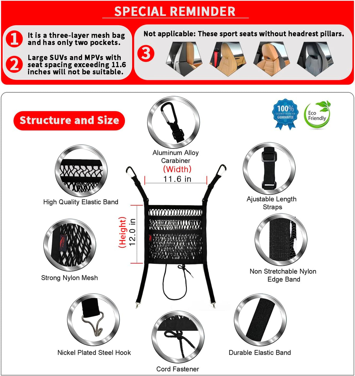 Car Accessories, Organizer Storage Between Front Seats, Purse Handbag Holder of 3 Layers Mesh Net Pocket Bag, Backseat Dog Pet Barrier, Patented