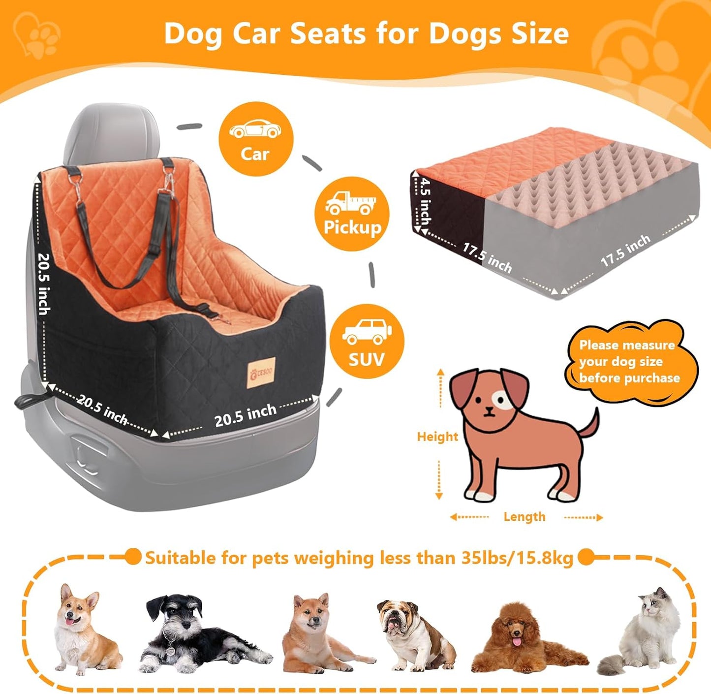 Dog Car Seat for Small/Medium Dogs Under 40lbs, Dog Booster