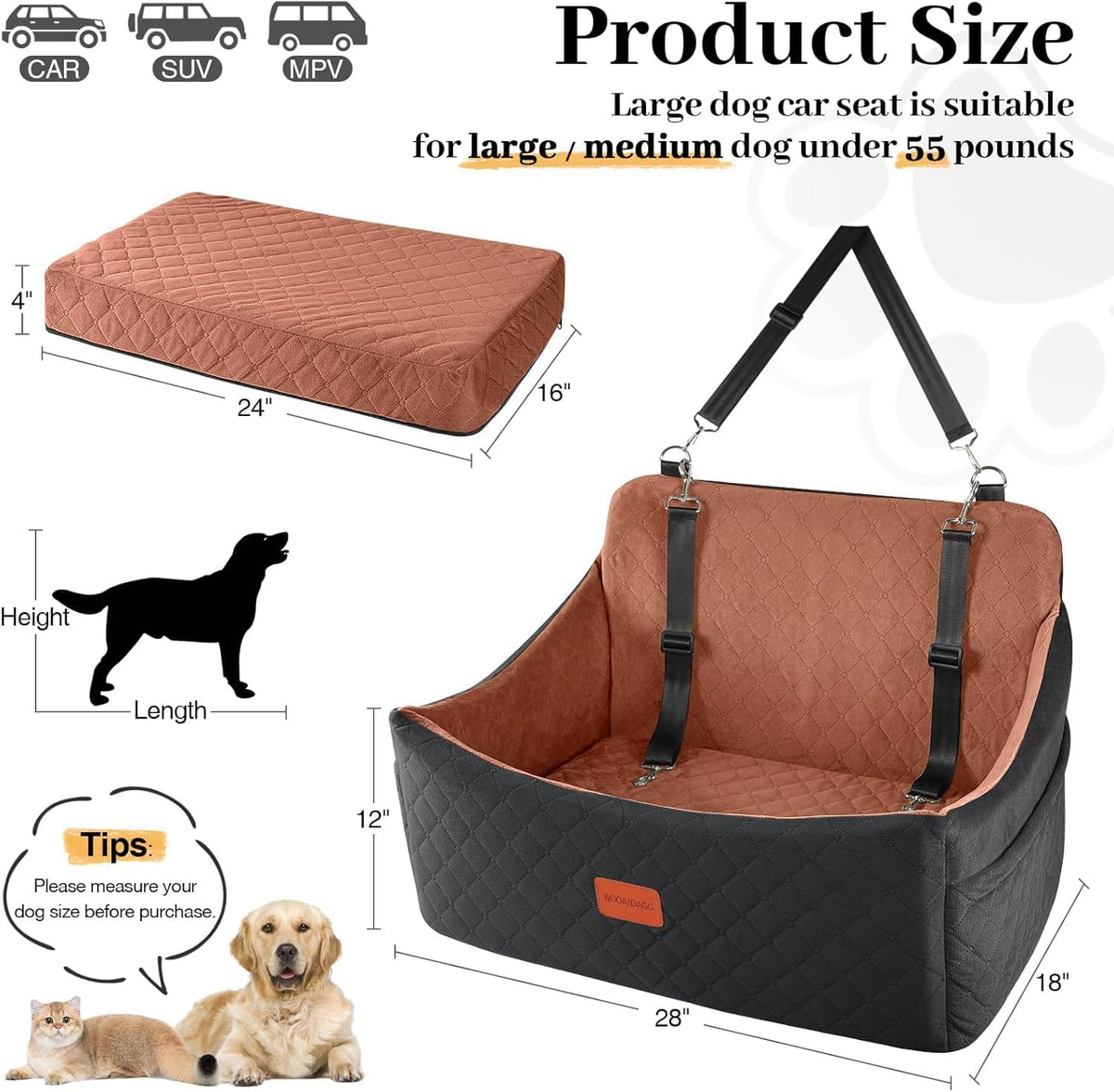 Dog Car Seat for Medium & Large Dogs Up to 55lbs, Memory