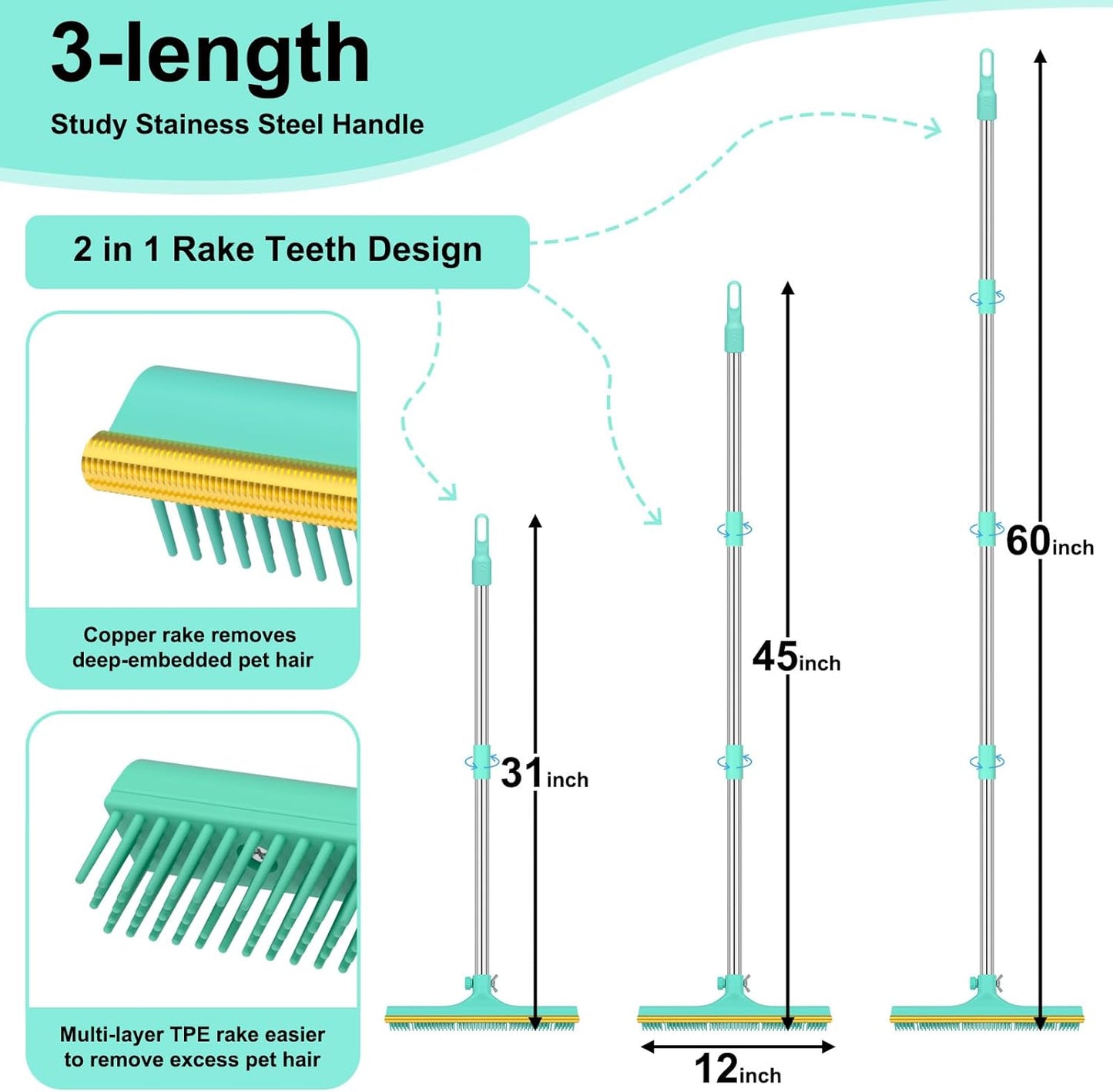 Carpet Rake for Pet Hair Removal - 60" Adjustable Long