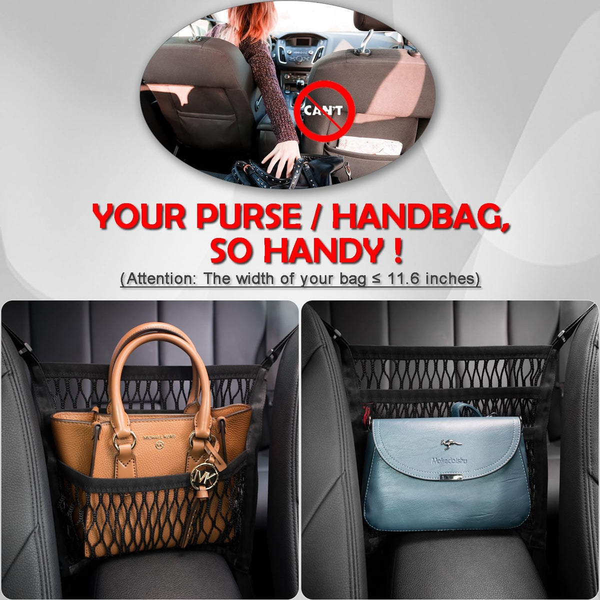 Car Accessories, Organizer Storage Between Front Seats, Purse Handbag Holder of 3 Layers Mesh Net Pocket Bag, Backseat Dog Pet Barrier, Patented