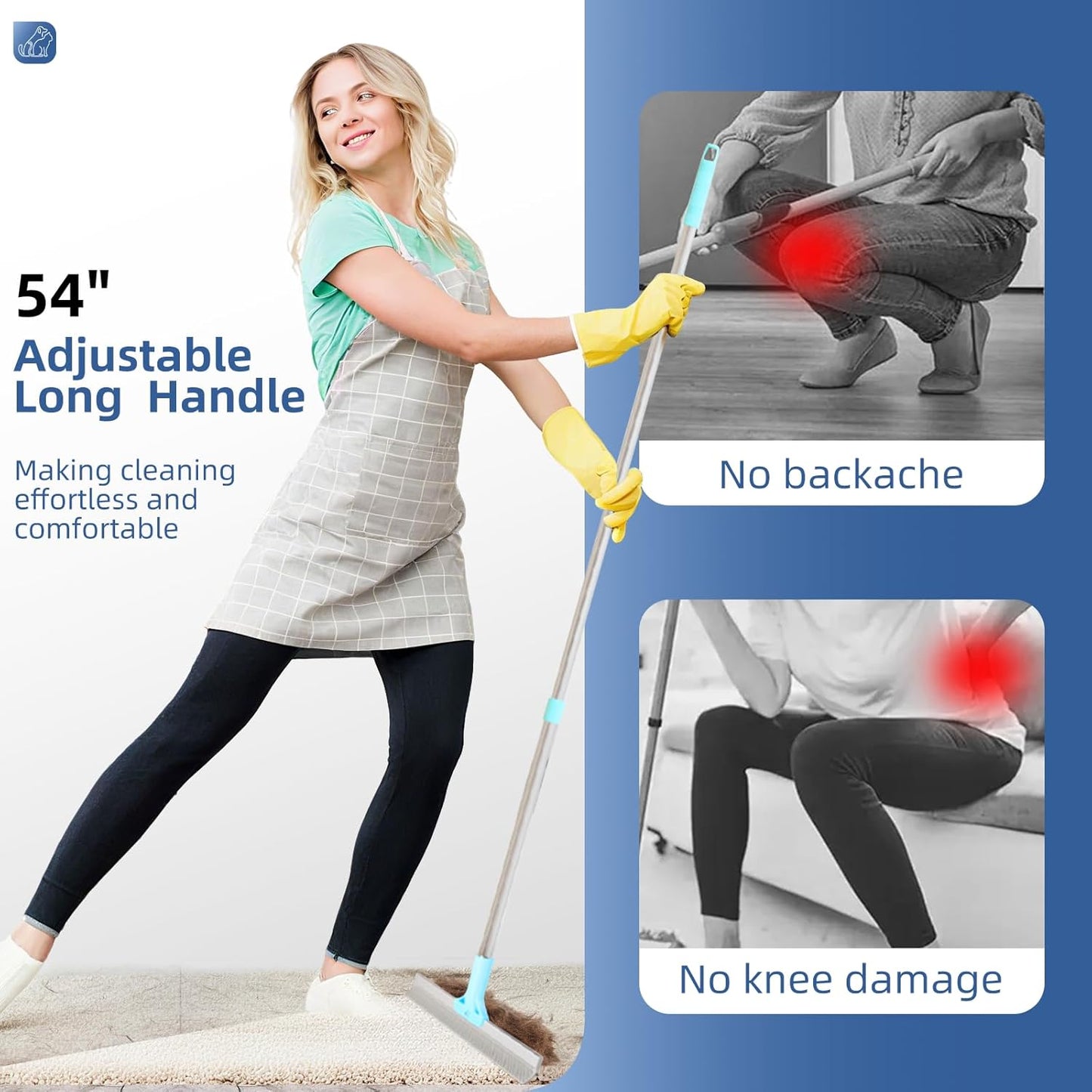 Carpet Rake for Pet Hair Removal - 54" Adjustable 2 in 1