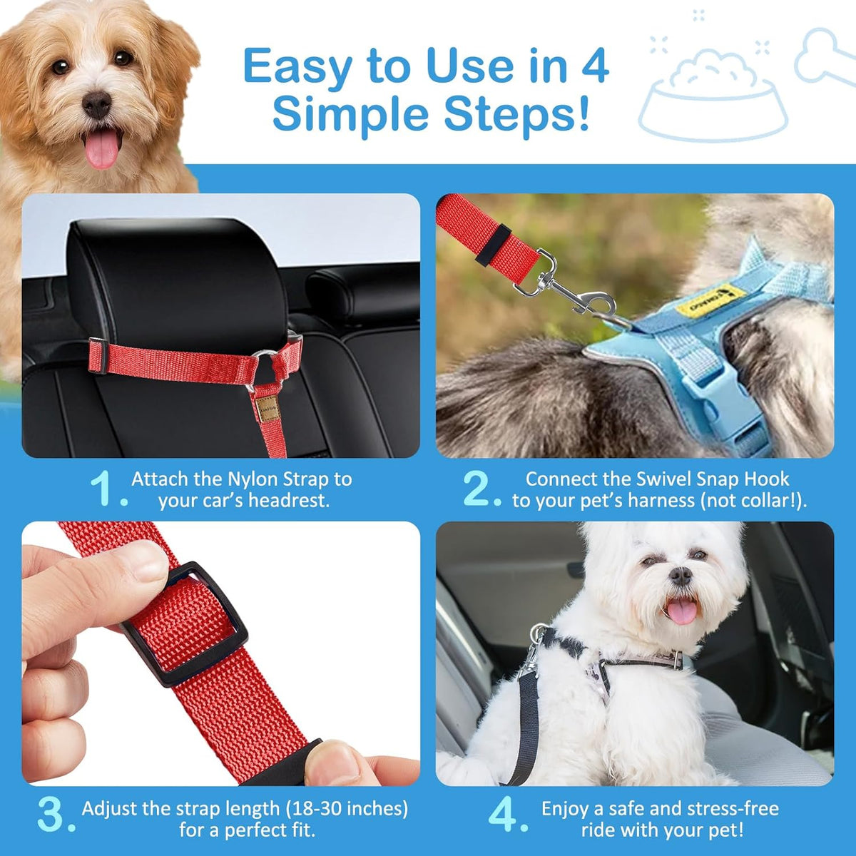 3 Pack Dog Seat Belt for Car, Car Headrest Restraint