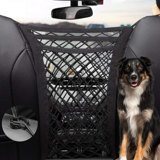 Dog Car Net Barrier 3 Layer 15.7''×13.7'' with Auto Safety Mesh Organizer, Stretchable Storage Bag Backseat Mesh Universal for Cars, SUVs -Easy Install, Safer to Drive with Pets and Children