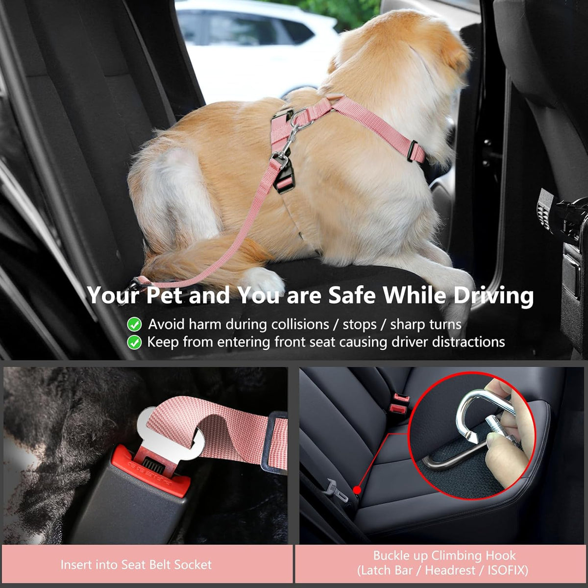 Dog Seat Belt, Safety Vest Dog Car Harness with Adjustable