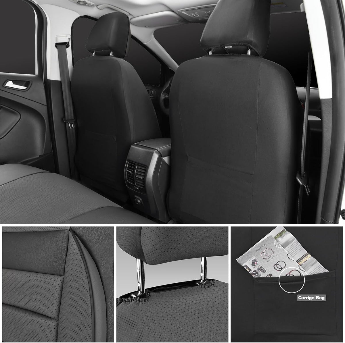 CAR PASS Car Seat Covers Front Seats Only, Universal Fit Automotive Interior Waterproof 3D Foam Back Support Car Seat Covers for Trucks Vans and SUVs Airbag compatible 2 Pieces black gray grey