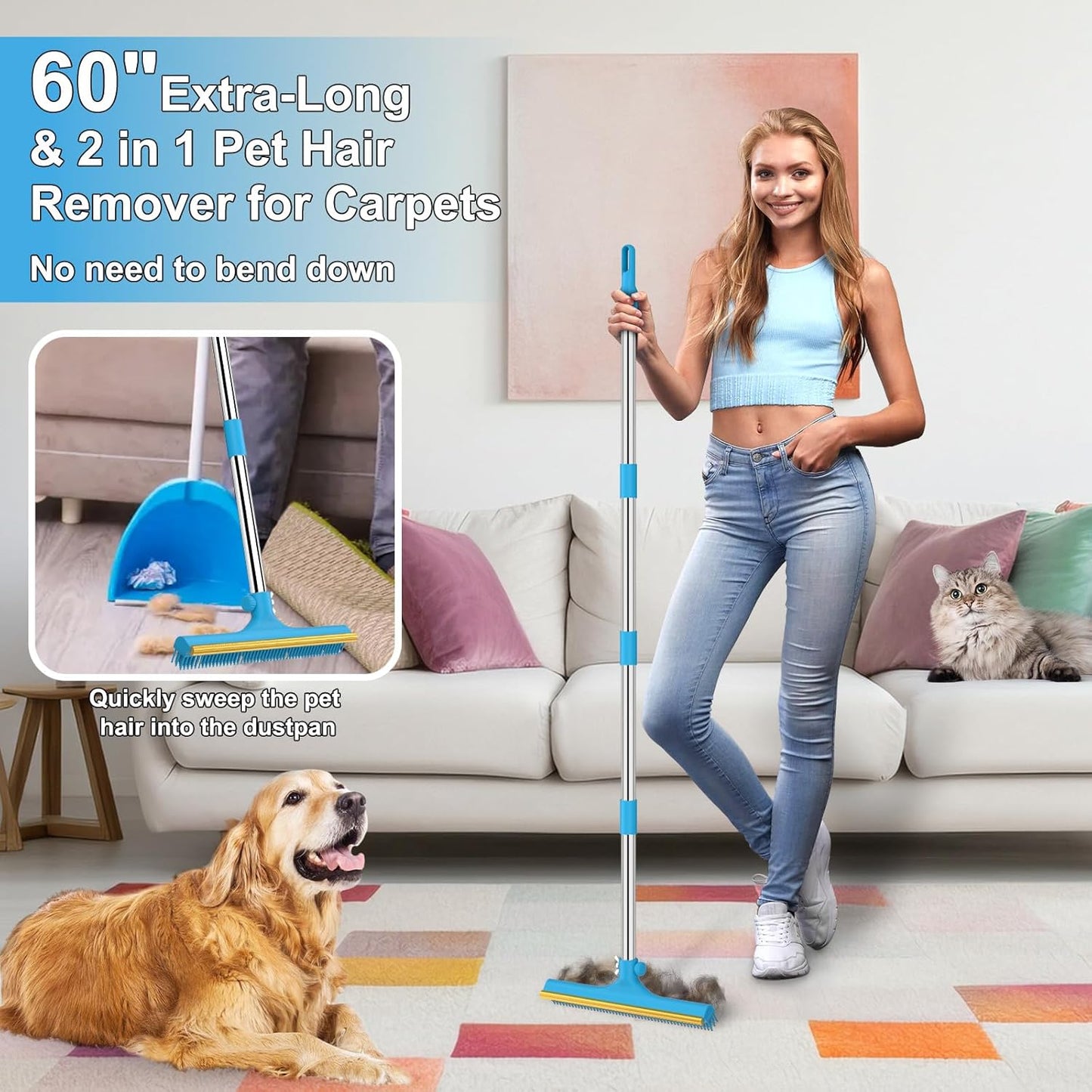 3 in 1 Carpet Rake for Pet Hair Removal, Reusable Pet Hair