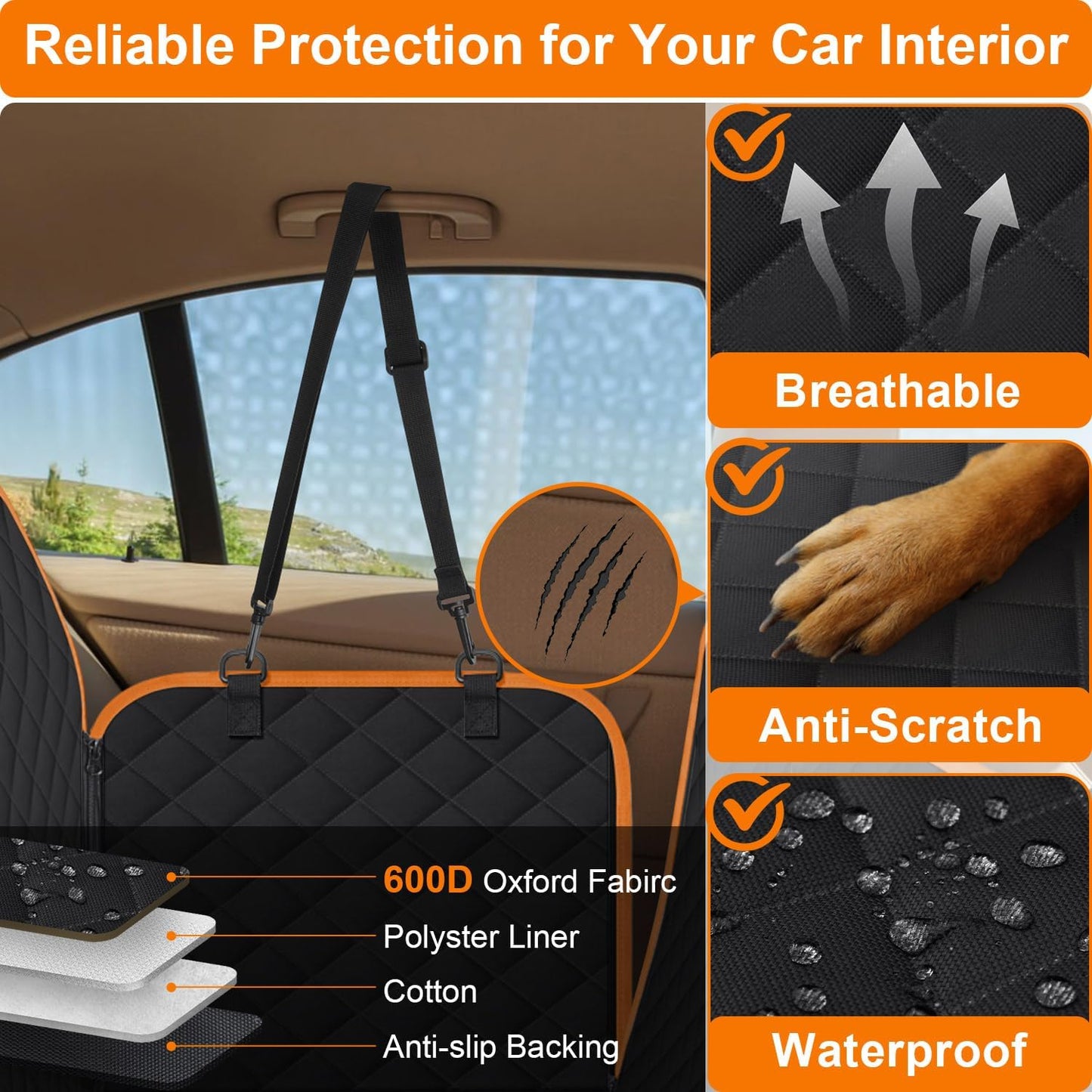 Dog Car Seat Cover for Back Seat Hammock 600D Waterproof