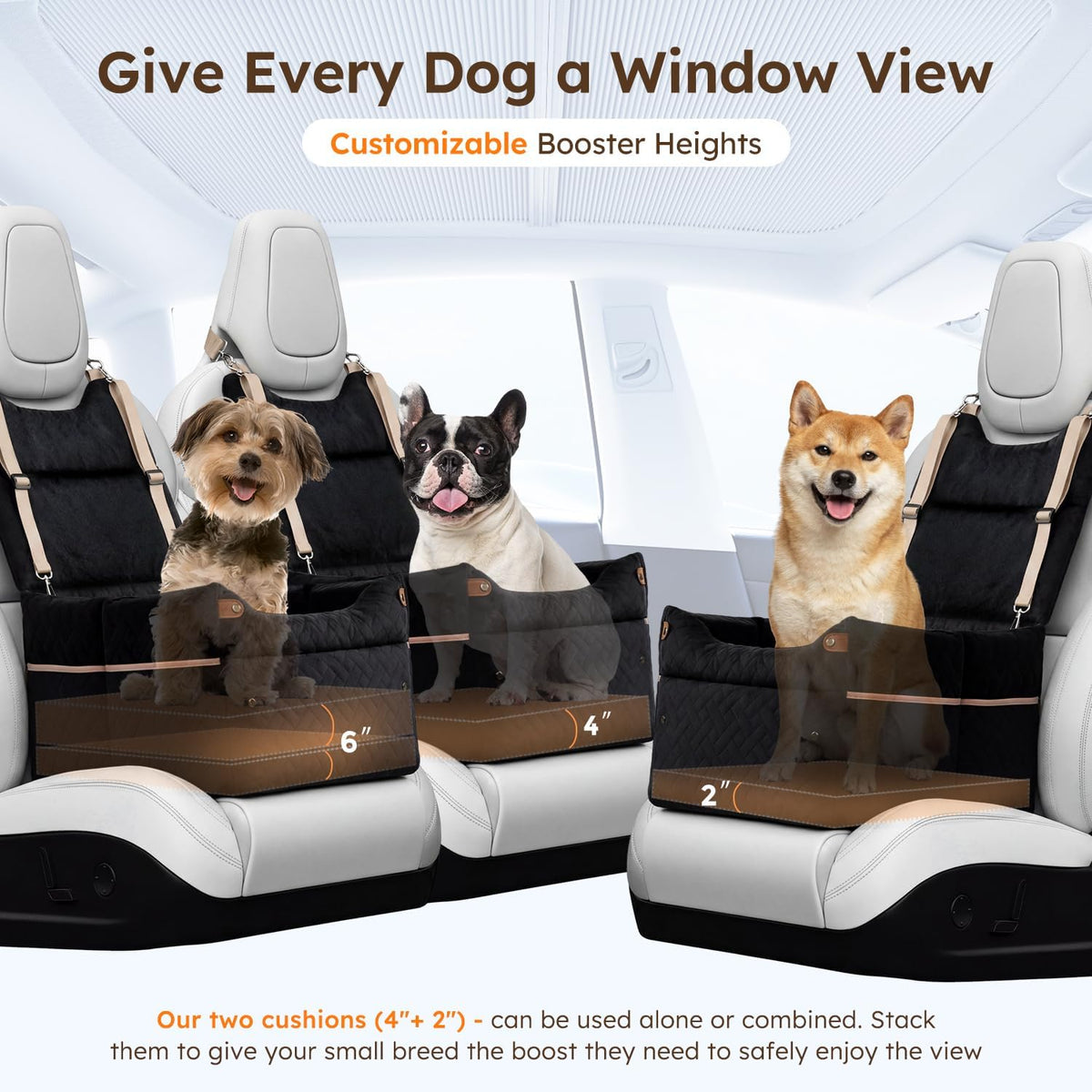 ZOMISIA Elevated Dog Car Seat for Medium Dogs, 3 Adjustable Heights with 2 Egg Crate Foam Boosters 4"+2", Dual-Sided Cooling&Plush Waterproof Cover, 2 Safety Leashes & Buckles, Black