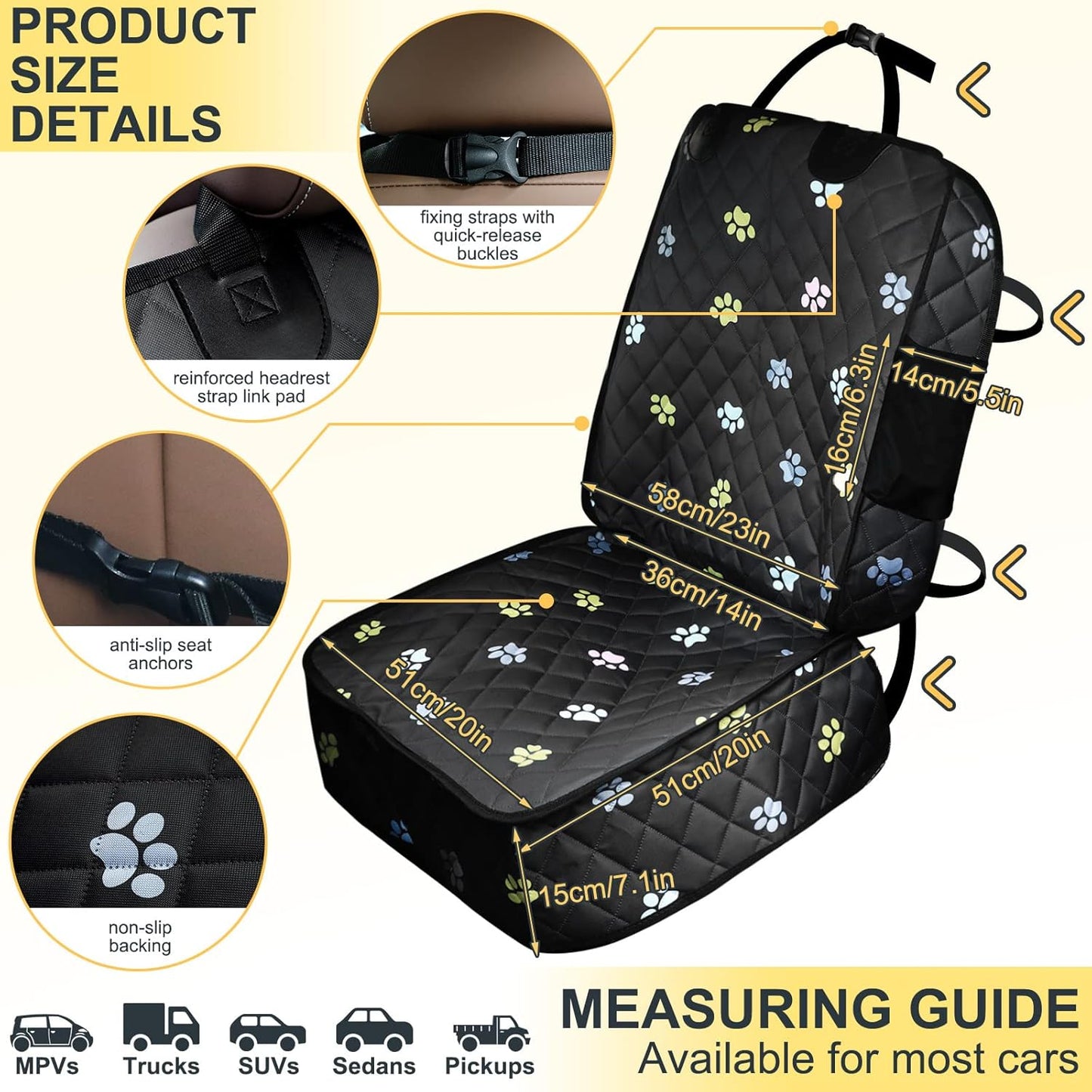 2pcs Dog Car Seat Cover for Front Durable Colored Paw