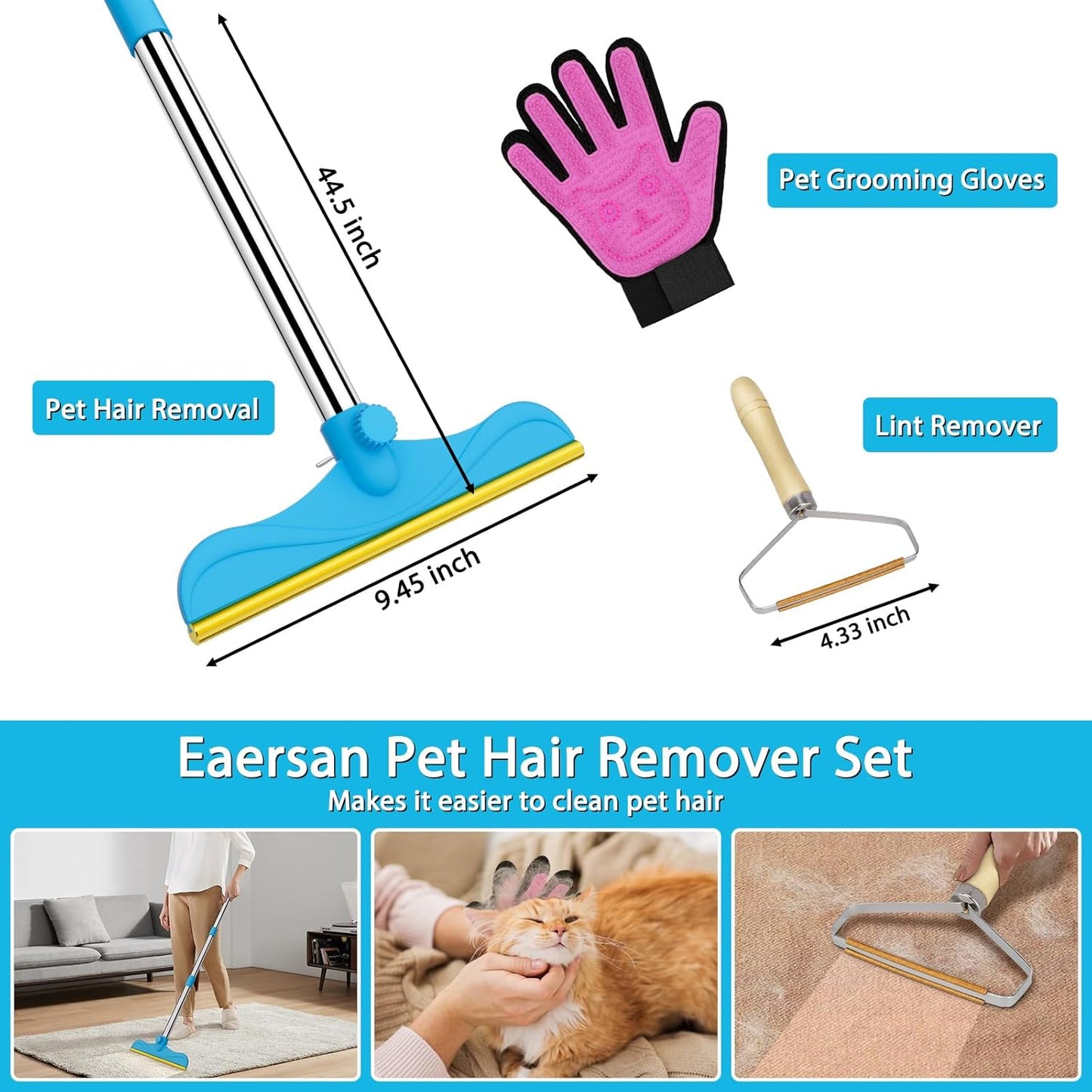 3 in 1 Carpet Rake Kit for Pet Hair Removal Tool - 45”