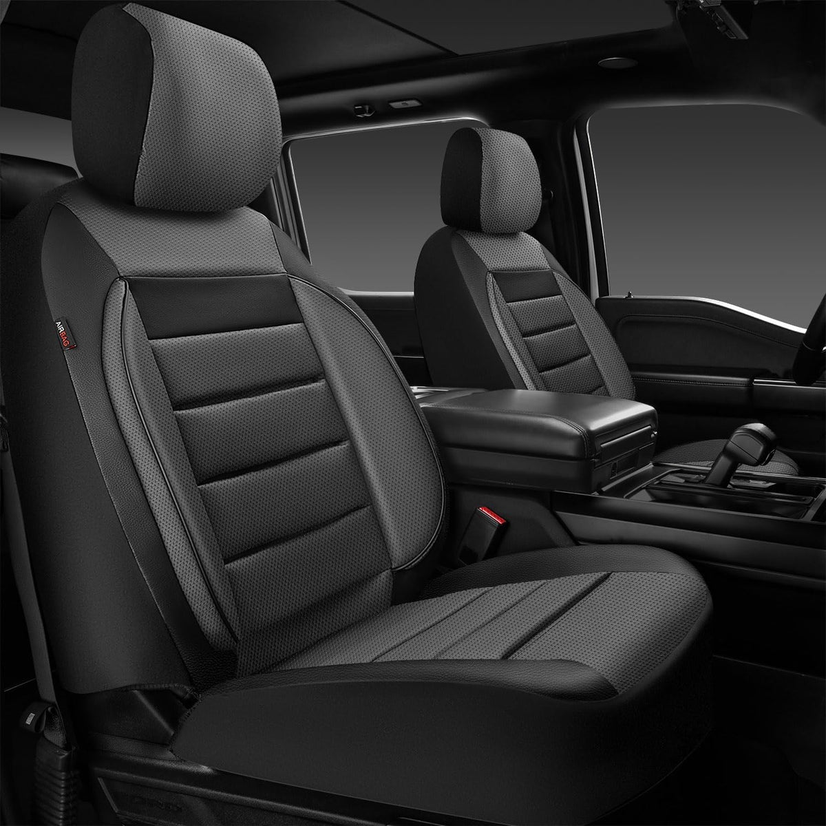 CAR PASS Car Seat Covers Front Seats Only, Universal Fit Automotive Interior Waterproof 3D Foam Back Support Car Seat Covers for Trucks Vans and SUVs Airbag compatible 2 Pieces black gray grey
