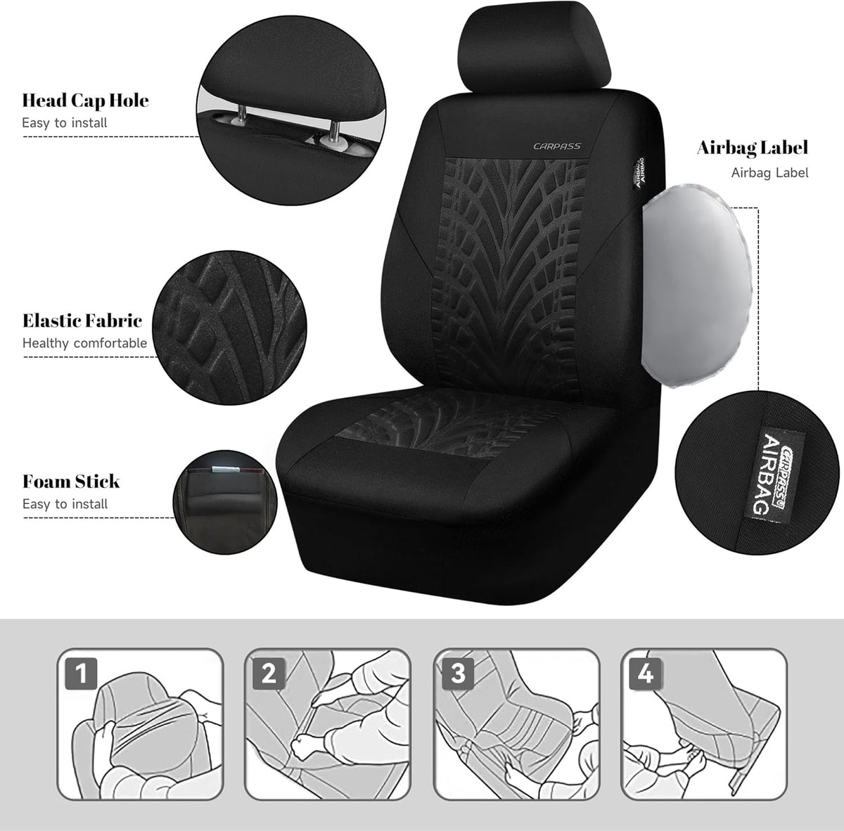 CAR PASS Car Seat Covers Two Front Only for Car, 3D Tyre Print Automotive Interior Covers, Airbag Compatible, Quick Setup Universal Fit Seat Covers for Car, Truck, SUV(Black)