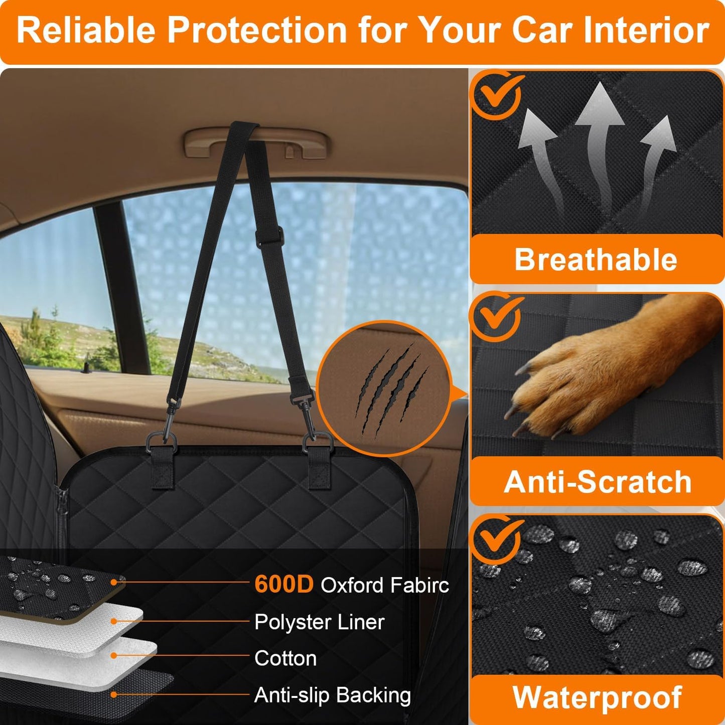 Dog Car Seat Cover for Back Seat Hammock 600D Waterproof