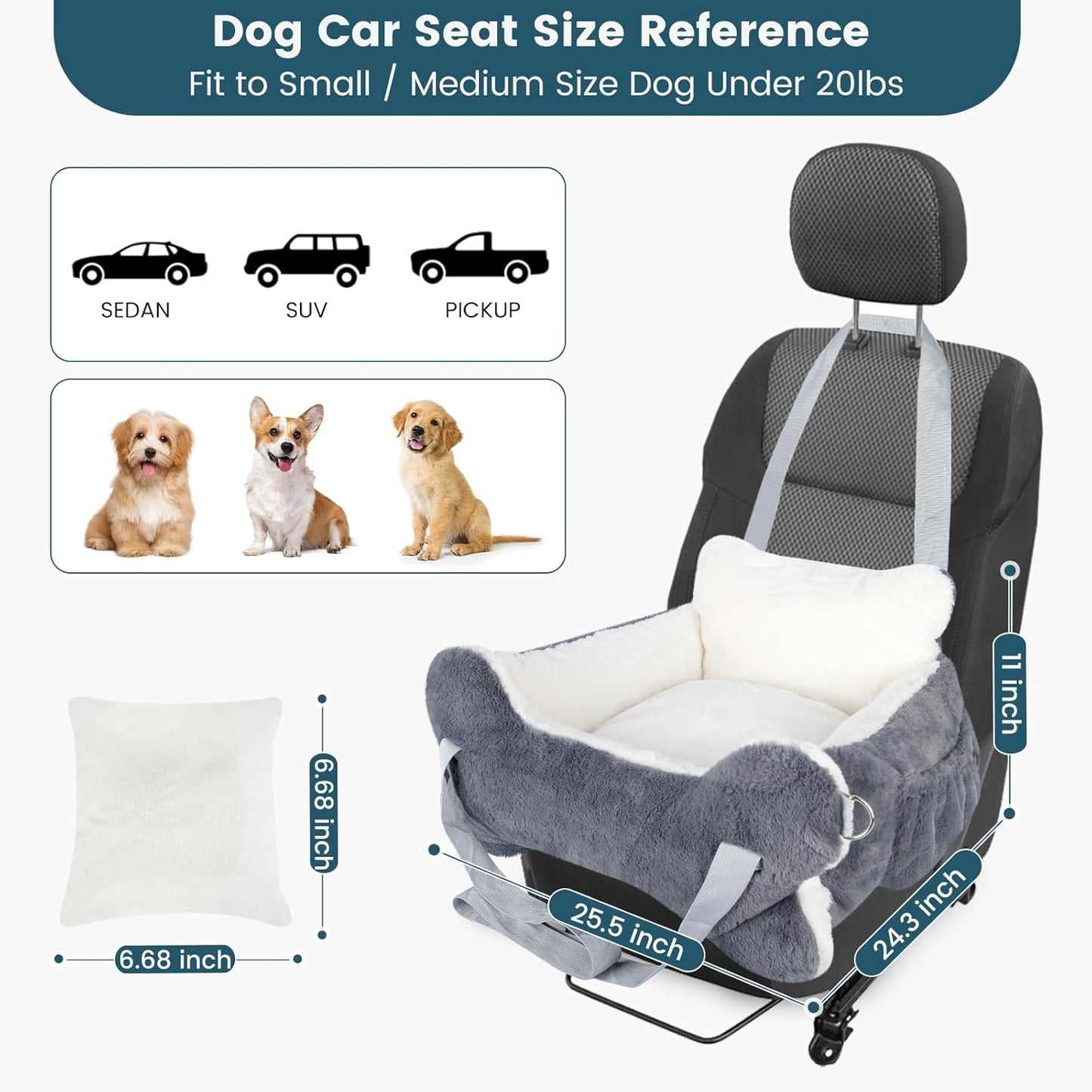 25.5"x24.3"x11" Dog Car Seat for Small Dogs & Cats, Dog