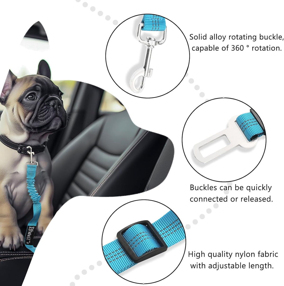 Dog Seat Belt for Car with Elastic Bungee Leash, Car Leash