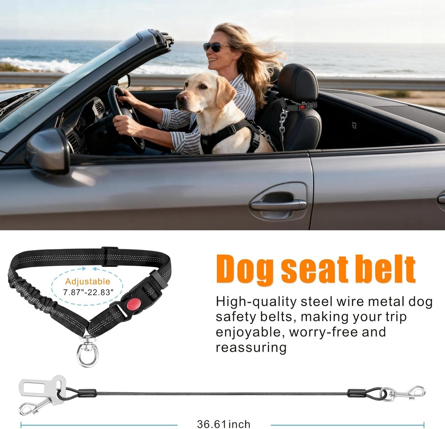 Dog Seat Belt for Car, 2 Pcs Stainless Steel Chew Proof Dog