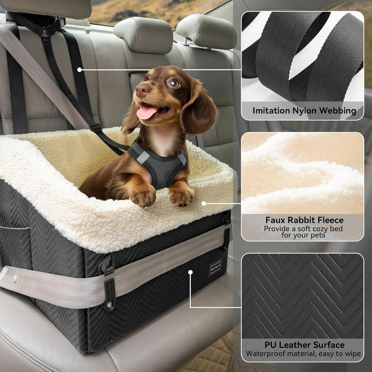 Small Dog Car Seat, Waterproof PU Leather Dog Booster Car
