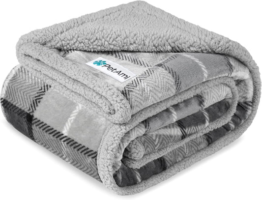 PetAmi Waterproof Dog Blanket for Couch, Large 60x40, Pee Proof Sherpa Fleece Reversible Pet Throw, Furniture Protector for Bed Sofa Kennel, Soft Washable Cover for Medium Dogs Cats, Plaid Light Grey
