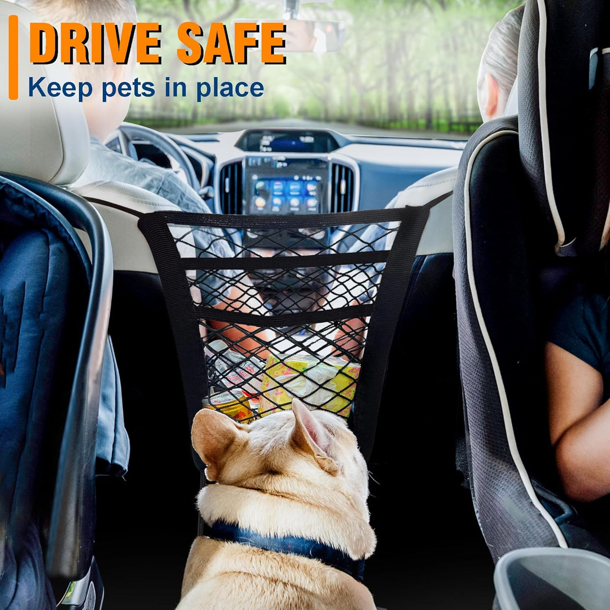 Universal Dog Car Net Barrier – Sturdy Mesh, Easy Install, Breathable Design, Easy to Clean, Flexible Bungee Cords for Adjustable Fit 23"×23" (Black) (3-Layer Mesh)