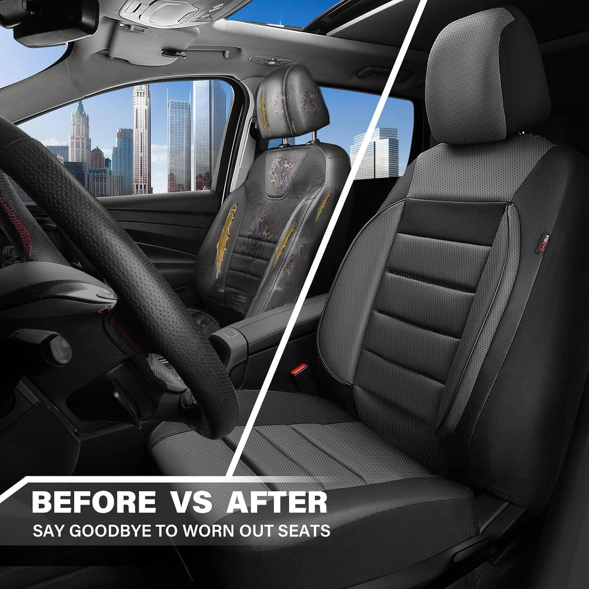 CAR PASS Car Seat Covers Front Seats Only, Universal Fit Automotive Interior Waterproof 3D Foam Back Support Car Seat Covers for Trucks Vans and SUVs Airbag compatible 2 Pieces black gray grey