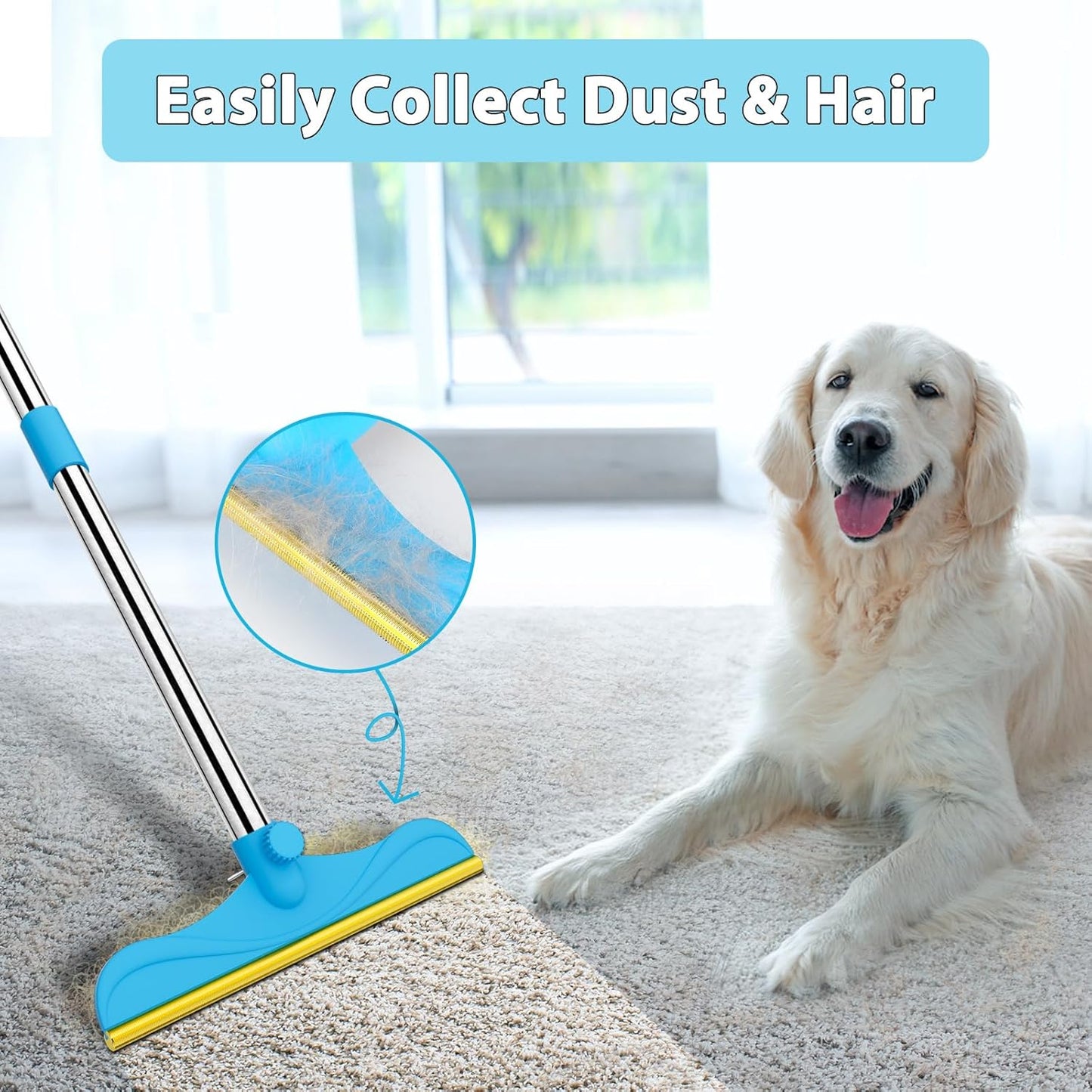 3 in 1 Carpet Rake for Pet Hair Removal, 60” Adjustable